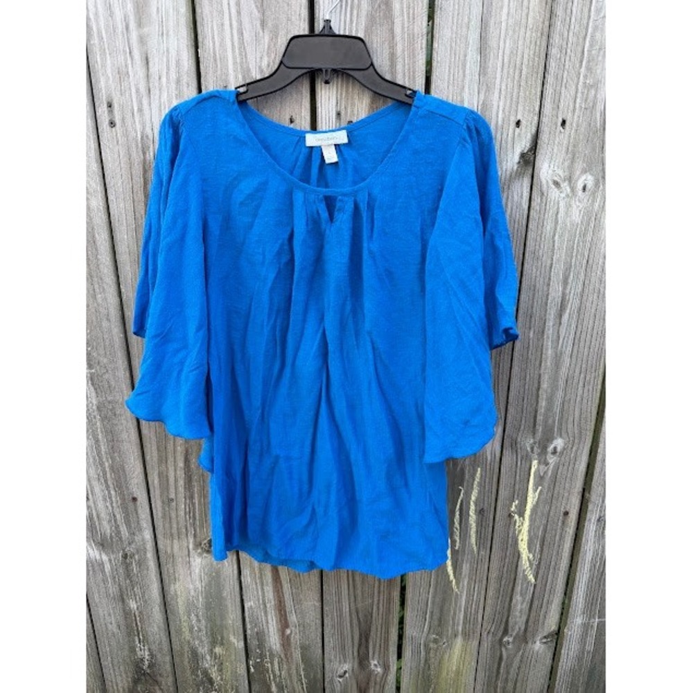 Boho Coastal Dressbarn Flutter Sleeve Blouse Large Blue Keyhole Neck Top